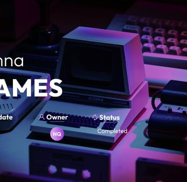 Gaming website UI mockup featuring retro computer equipment and a dark interface.