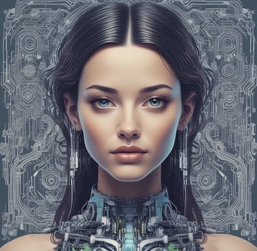 A young African entrepreneur working on a laptop with AI and digital finance icons floating around.