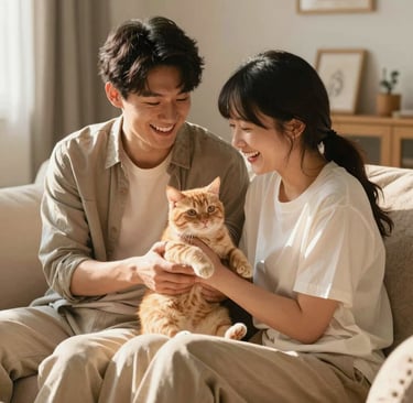 A heartfelt, warm candid photograph of a happy East Asian Chinese young couple sitting together on a soft couch in a cozy home, bathed in bright morning sunlight, surrounded by warm sand tone decorations. They are laughing happily together while holding a small cute orange kitten, capturing a natural and loving family moment, high-end lifestyle photography style.