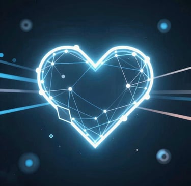 Glowing blue digital heart icon featuring a neural network of connected nodes and data lines.