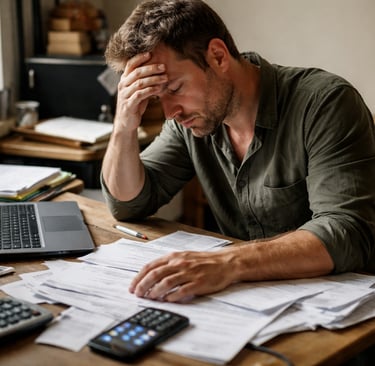 a man sitting at a desk with a laptop and a calculator
