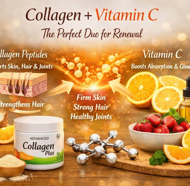 Collagen peptides and vitamin C supplement with fresh oranges and strawberries for skin and joint health.