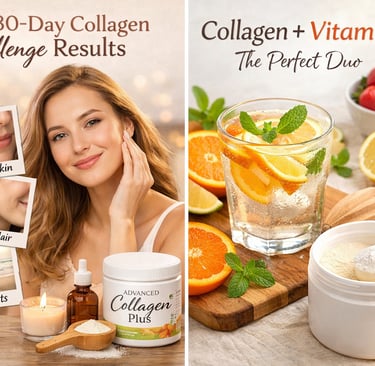 Before and after collagen supplement results for skin, hair, and joints with vitamin C drink.
