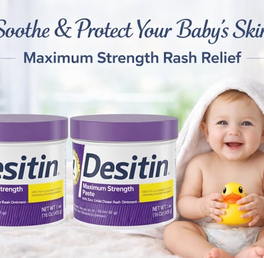 Two tubs of Desitin Maximum Strength Diaper Rash Paste next to a happy baby holding a rubber duck.