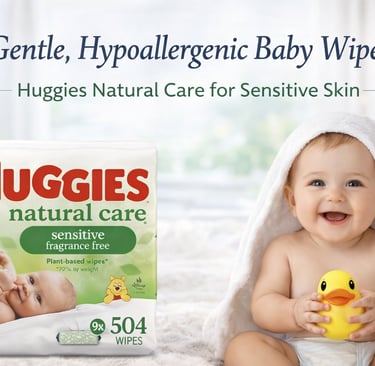 A smiling baby with a rubber duck next to a pack of Huggies Natural Care hypoallergenic baby wipes.
