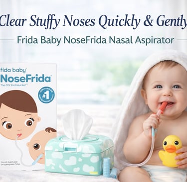 Frida Baby NoseFrida Nasal Aspirator packaging next to a smiling baby holding a yellow rubber duck.