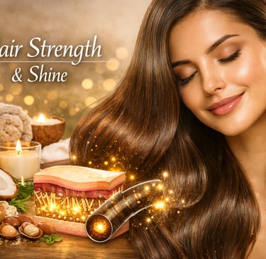 Woman with shiny brown hair showing hair strength products and scalp follicle cross-section.