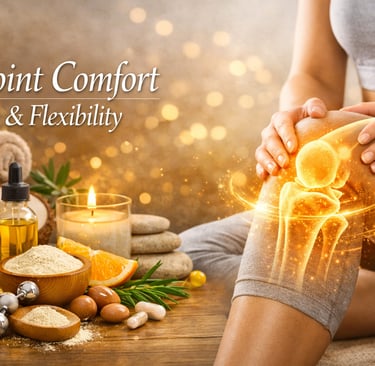 A glowing knee joint illustration on a person next to natural supplements for joint comfort and flexibility.