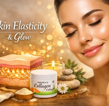 A glowing woman with smooth skin posing next to a collagen cream jar for skin elasticity and glow.