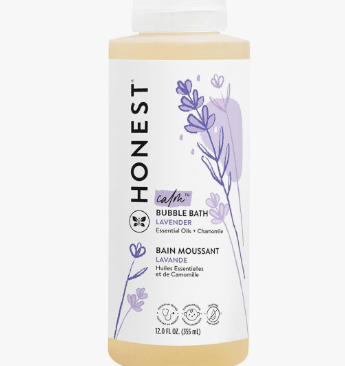 Honest Company lavender bubble bath with essential oils and chamomile in a 12 ounce bottle.