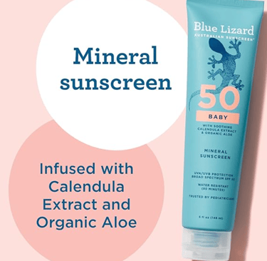 Blue Lizard SPF 50 Baby Mineral Sunscreen tube with calendula and organic aloe.