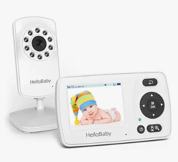 HelloBaby video baby monitor with camera and handheld digital screen showing an infant.