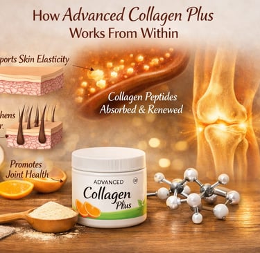 Advanced Collagen Plus powder supplement benefits for skin elasticity, hair strength, and joint health.