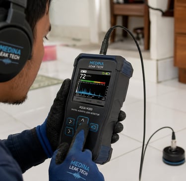 Teknisi menggunakan alat detektor kebocoran air akustik digital untuk mencari pipa bocor di rumah Bandung