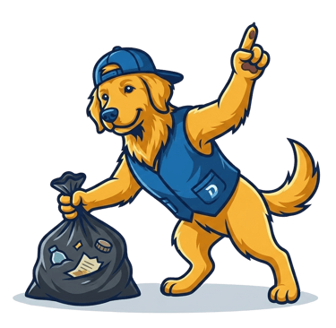 Golden retriever mascot cartoon wearing a blue vest and cap holding a black trash bag.
