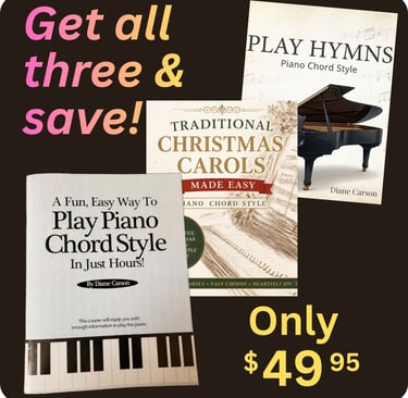 Set of three Piano Chord Style books for hymns, Christmas carols, and beginner Chord Style method.