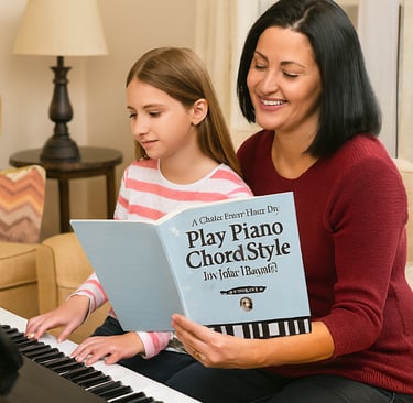 A smiling woman and young girl learn to play piano chord style using a music book and digital keyboard.