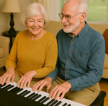 A smiling senior couple enjoying a piano lesson together on a keyboard at home.