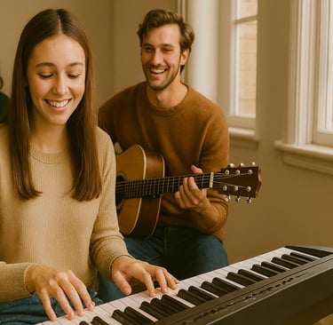 A smiling young woman playing a digital piano with friends on guitar in a home music session.