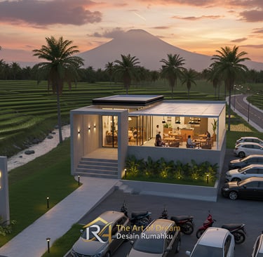 Cafe minimalis modern sore hari dengan latar Gunung