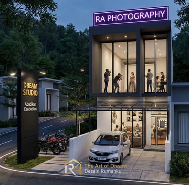 Render arsitektur 3D suasana malam bangunan studio foto modern dua lantai dengan fasad kaca besar.