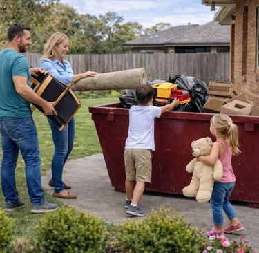 a family loading Monbulk Skip hires 4 cubic metre skip bin in the yarra ranges