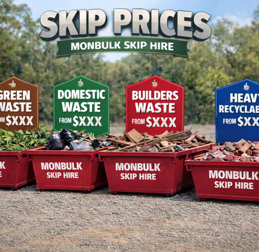 four skip bins with different waste categories written on them. Light waste, builders waste, green waste and heavy recyclable