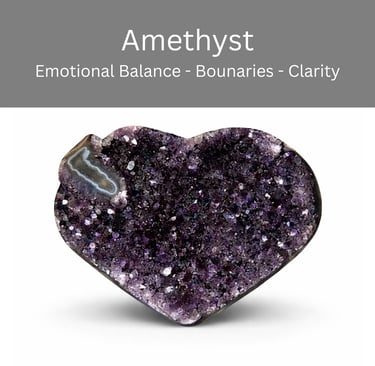 Heart-shaped amethyst crystal cluster for emotional balance and clarity on a white background.