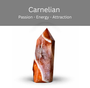 Polished carnelian crystal tower point for passion and energy healing, featuring vibrant orange and white banding.