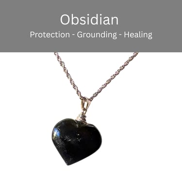 Black obsidian heart pendant necklace for protection, grounding, and healing jewelry.