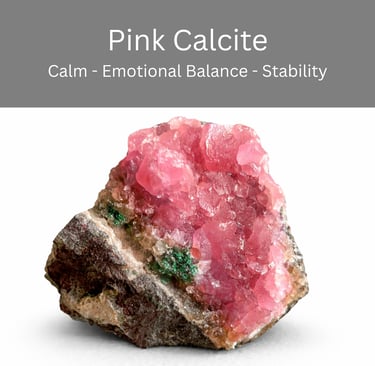 Raw pink calcite crystal cluster on a natural stone base for emotional balance and stability.