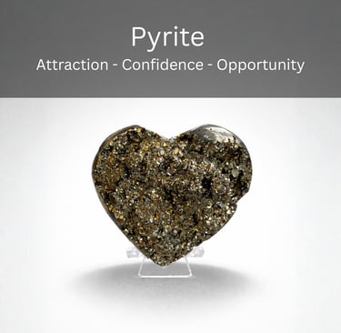 Sparkling metallic pyrite crystal heart on a display stand for manifestation and confidence.