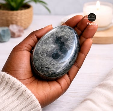 A hand holding a polished smoky obsidian crystal palm stone for healing.