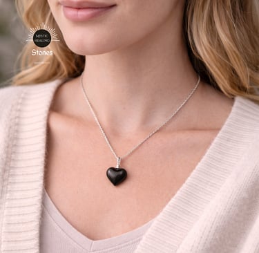 Woman wearing an obsidian heart-shaped stone pendant on a silver necklace chain.