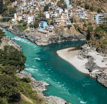 Devaprayag, the confluence of Bhagirithi & Alaknannda rivers to become one as sacred river Ganga 