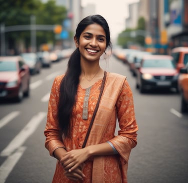 A serene portrait of a middle-aged woman smiling gently in a sunlit garden.