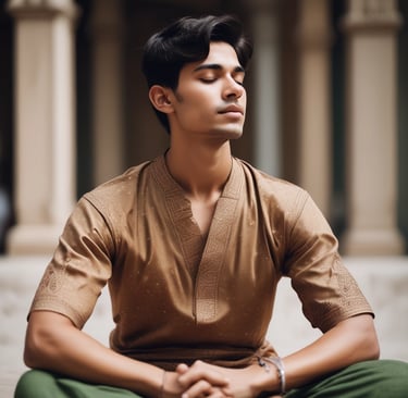 A thoughtful man practicing yoga outdoors at sunrise, surrounded by nature.