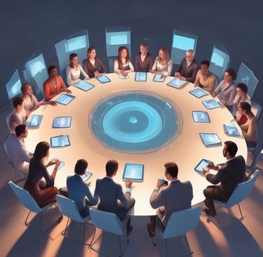 A vibrant display of colorful data visualizations projected on a screen during a research meeting.