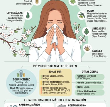 Infografía de la Previsión Alergia Primavera 2026 en España: La bomba de polen