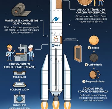 Infografía del secreto del corcho en el Ariane 6: Innovación aeroespacial en España