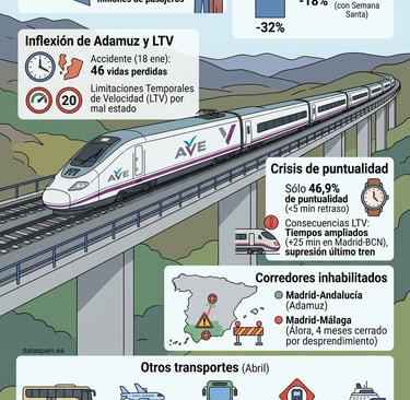 Infografía de la Crisis Alta Velocidad España 2026: Caída de Viajeros y Retrasos del AVE