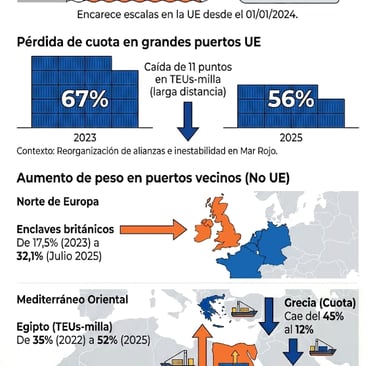 Infografía del Impacto del EU ETS en Puertos: Fuga de Tráfico y 7.400M€ en Inversiones