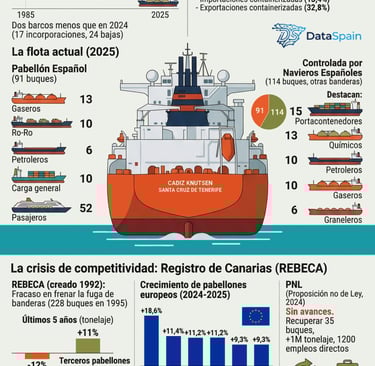 Infografía de el declive de la flota mercante española: Mínimos históricos y crisis de competitividad