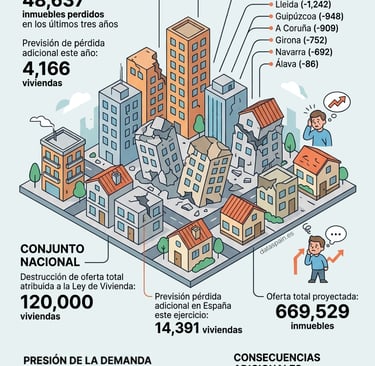 Infografía del impacto de la Ley de Vivienda: Desplome del Alquiler en España (2026)