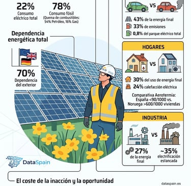 Infografía de la paradoja energética en España: Potencia solar y dependencia fósil