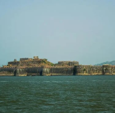 Janjira Fort Murud Raigad Maharashtra - panoramic sea view of the unconquered island fort surrounded by Arabian Sea waters