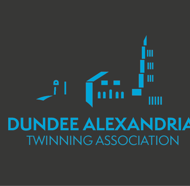 Dundee Alexandria Twinning Association logo featuring a blue skyline silhouette on a dark grey background.