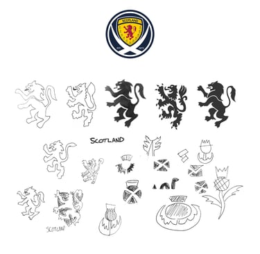 Collection of Scotland football crest sketches featuring the lion rampant and thistle symbols.