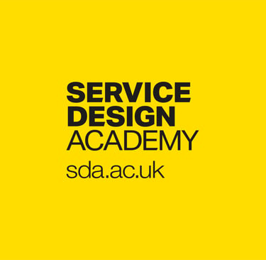 Service Design Academy logo with a yellow background, featuring 'SERVICE DESIGN ACADEMY' and 'sda.ac.uk' in black text.