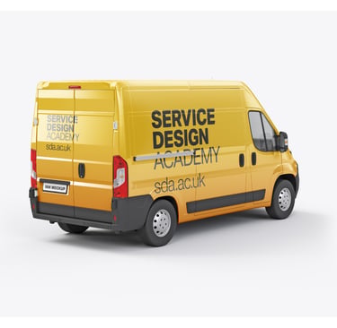 Yellow Service Design Academy commercial delivery van mockup with custom branding on a white background.